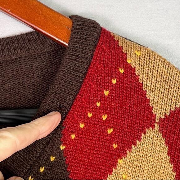 Vintage Lacoste Merino Wool Argyle Sweater Mens 5/Large V Neck Preppy Academia - Picture 9 of 9